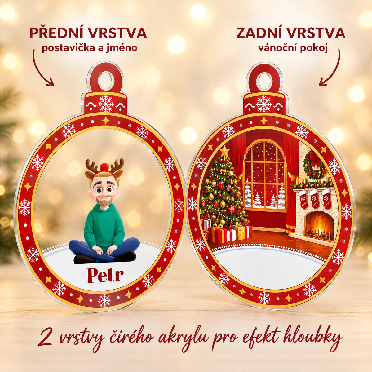Dvouvrstvá vánoční ozdoba se jménem a postavičkou